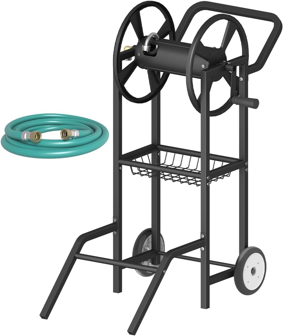 Hose Reel Cart with 2 Wheels, Garden Water Hose Holder Heavy Duty Powder Coated Steel Outdoor Winder Storage Holds 125 ft 5/8" Hoses with Basket and 3.9ft Leader Hose for Backyard, Black