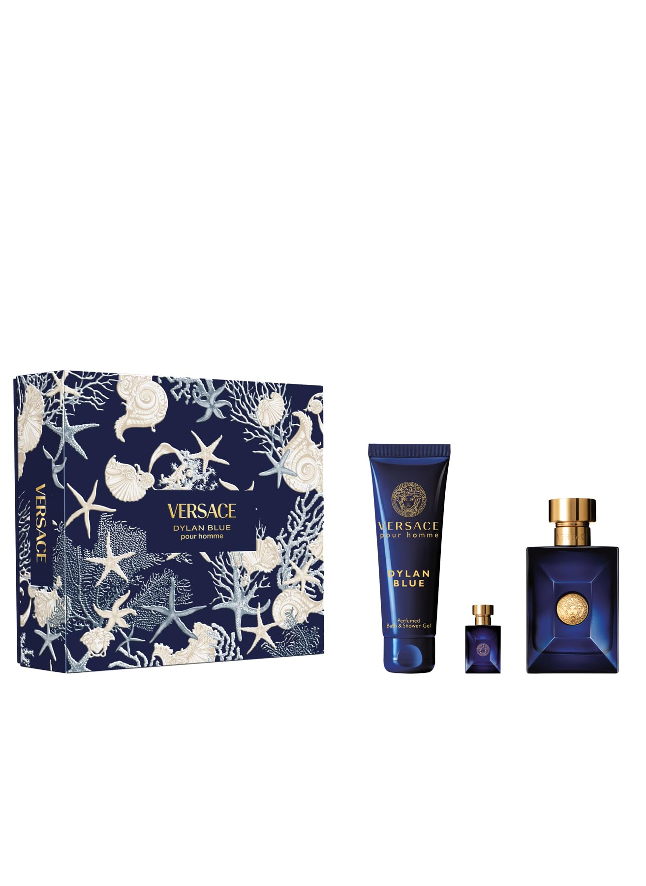 Versace Dylan Blue Pour Homme Geschenkset – 100 ml EDT, 5 ml EDT und 150 ml Shower Gel