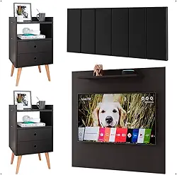 Kit 2 Mesinhas Gavetas Painel Preto Tv 32 Polegadas Prateleira Cabeceira Suede Almofadada Cama Box King Size 1,95 - Lojas RPM