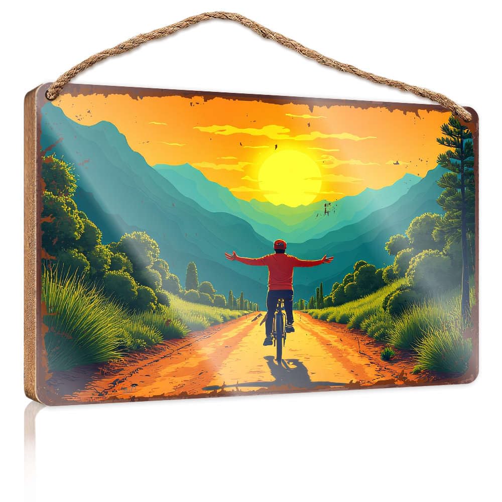Sign Wooden Hanging Rider On Dirt Road, Arms Outstretched, Facing Sunset. Gift For Boss Woman The Room Decorations(23X35CM)