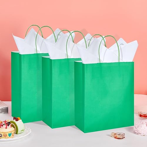 Miniatura 4 de DjinnGlory Paquete de 50 bolsas de regalo de papel verde de tamaño mediano con asas a granel de 10 x 8 x 4 pulgadas y 50 papel de seda blanco para