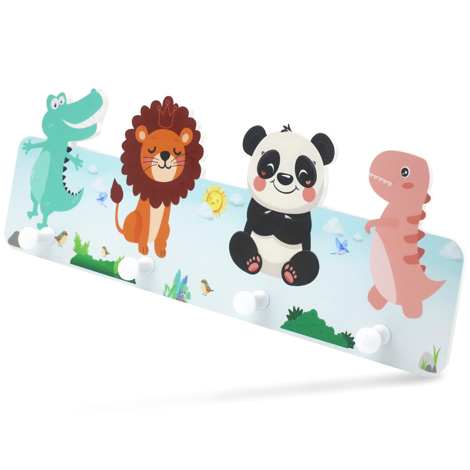 Liangding Appendiabiti da Parete per Bambini, 4 Gancio in Legno Animali e Dinosauri, 39x15x5cm