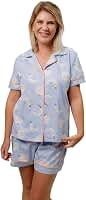 Pijama Algodão Feminino Curto Americano Manga Curta com Botão Botões Verão Adulto indicado Gestante Amamentação e Pós cirúgico - Lua Azul