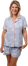 Pijama Algodão Feminino Curto Americano Manga Curta com Botão Botões Verão Adulto indicado Gestante Amamentação e Pós cirúgico - Lua Azul