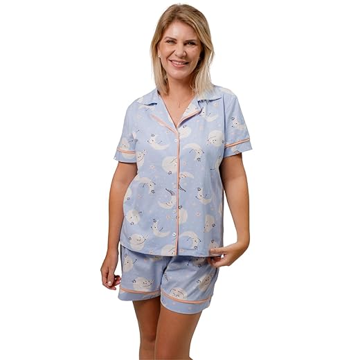 Pijama Algodão Feminino Curto Americano Manga Curta com Botão Botões Verão Adulto indicado Gestante Amamentação e Pós cirúgico - Lua Azul
