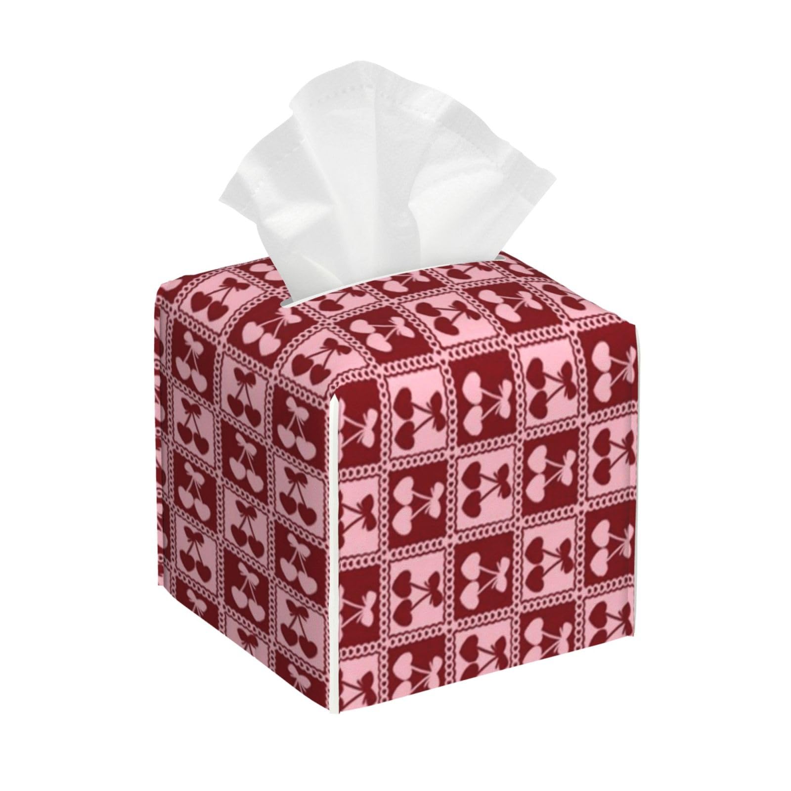 Cherry Hearts Checkers Tissue Box Cover 5" Square Leather Tissue Holder Facial Tissue Case for Tabletop Bedroom Bathroom Desk Decor