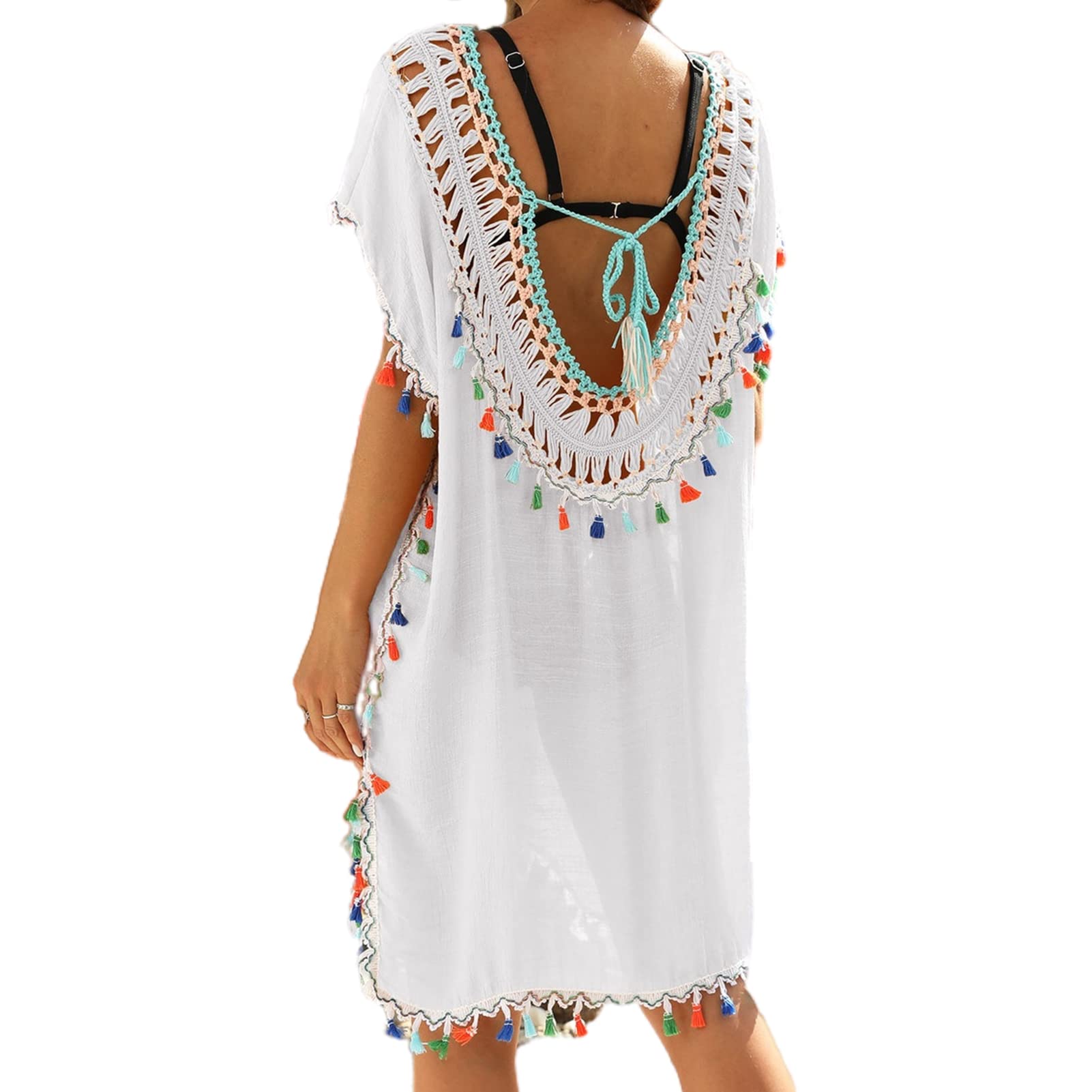 NLAND Vestido de Playa Mujer Algodón Pareos Camisa de Playa con Borlas Ganchillo Holgado Bikini Cover Up