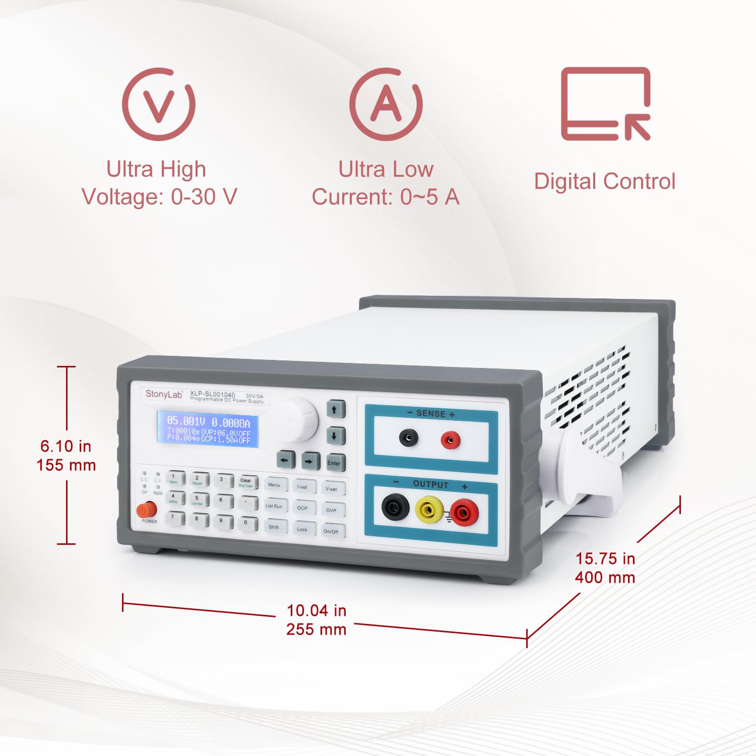 stonylab Alimentation DC, 0-30V 0-5A, Affichage à Écran Bleu à Résolution 0,1 mA, Alimentation DC Programmable de Précision pour les Tests Électroniques et la Recherche en Laboratoire