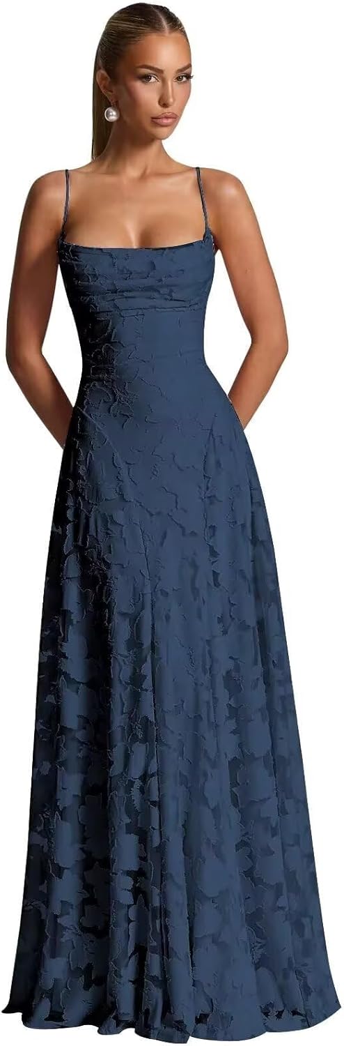 Spaghetti Strap Floral Bridesmaid Dresses for Women Cowl Neck Lace Pleated A-Line Long Formal Dresses 2026