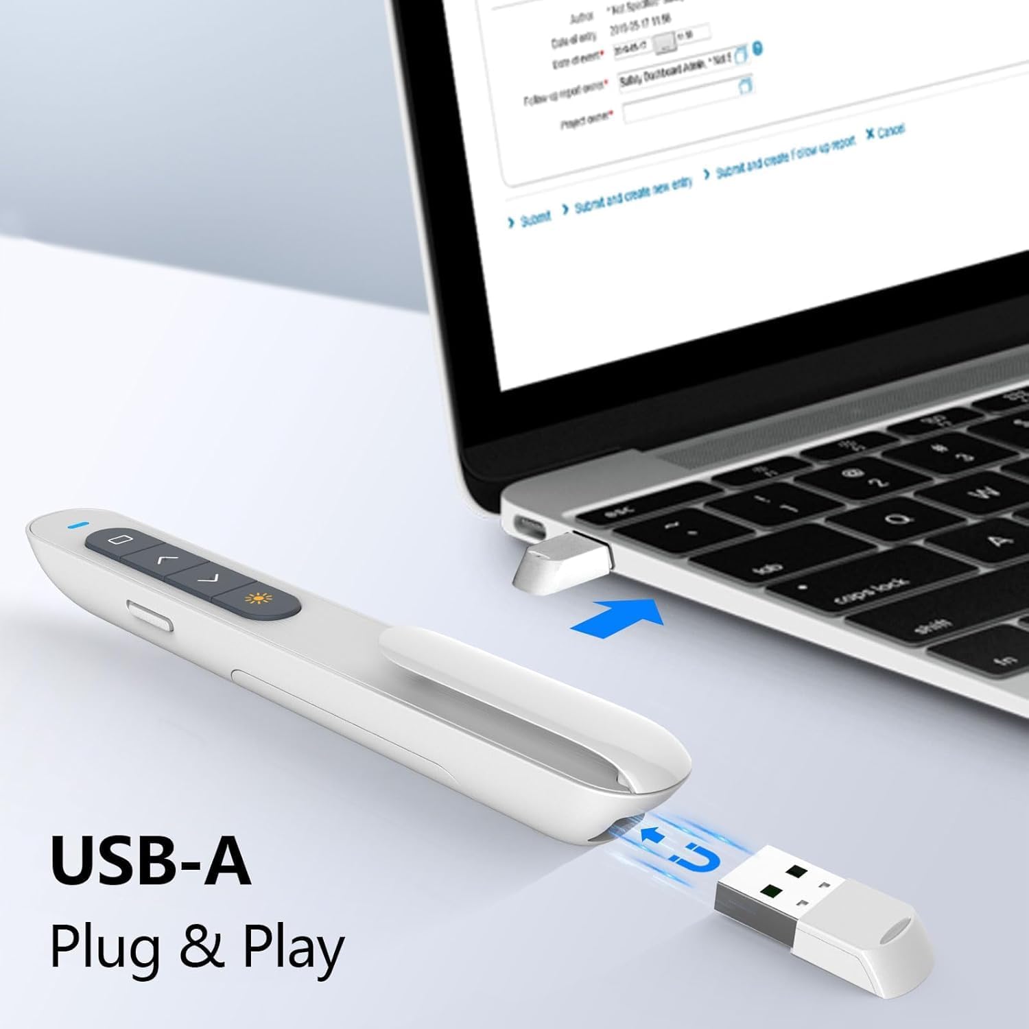 Norwii N27 clicker with its USB-A receiver plugged into a laptop, illustrating plug and play functionality