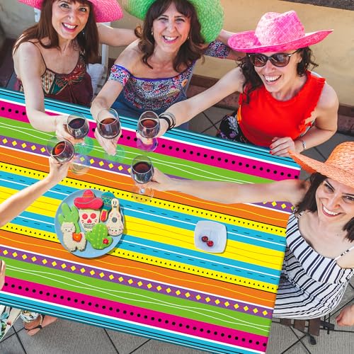Image of 3 Pcs Plastic Day of the Dead Tablecloth Mexican Theme Party Decorations | 54 inch x 108 inch Fit 6FT Table, Thick PE3 Plastic Rectangle Table Cover, Colorful Serape Stripe Dinnerware Fiesta Decorations