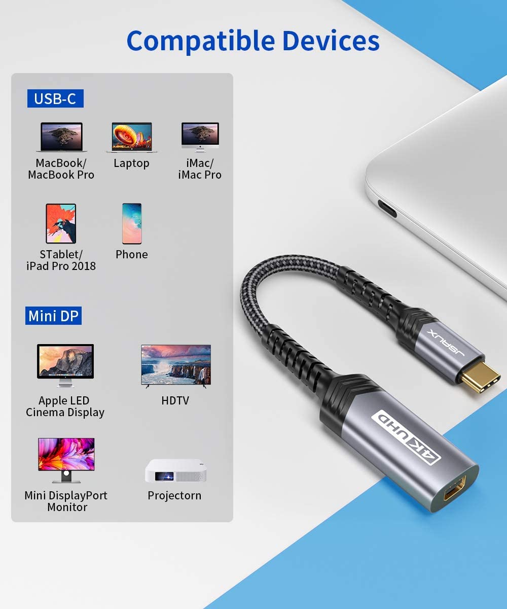 JSAUX Adaptador USB C a Mini DisplayPort [4K@60Hz] a Mini DP Adaptador, Typ C Mini Displayport para MacBook Pro 2019 2018, iPad Pro, Dell XPS, Samsung Galaxy S10 S9 S20 Plus-Gris