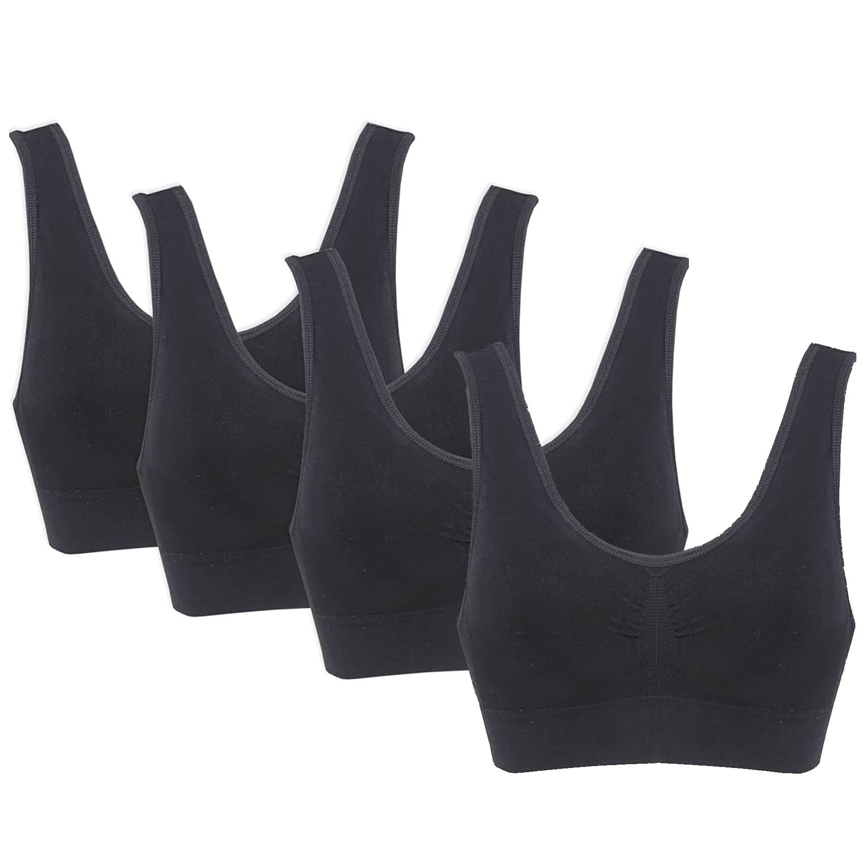 PBE 4 Pack Super Comfort Bra, Thick Double Material Women's Sleep Bras, Sports Bra, Premium Quality, Seamless, No Wires! - 4 Pack Jet Black - XXXXX Large