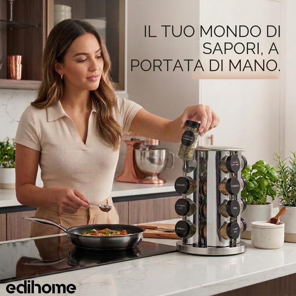 edihome, Porta Spezie per Cucina, Girevole, 360º, 16 Barattoli di Spezie, con Coperchi e Dispenser Individuali, Organizer, con Etichette per Barattoli