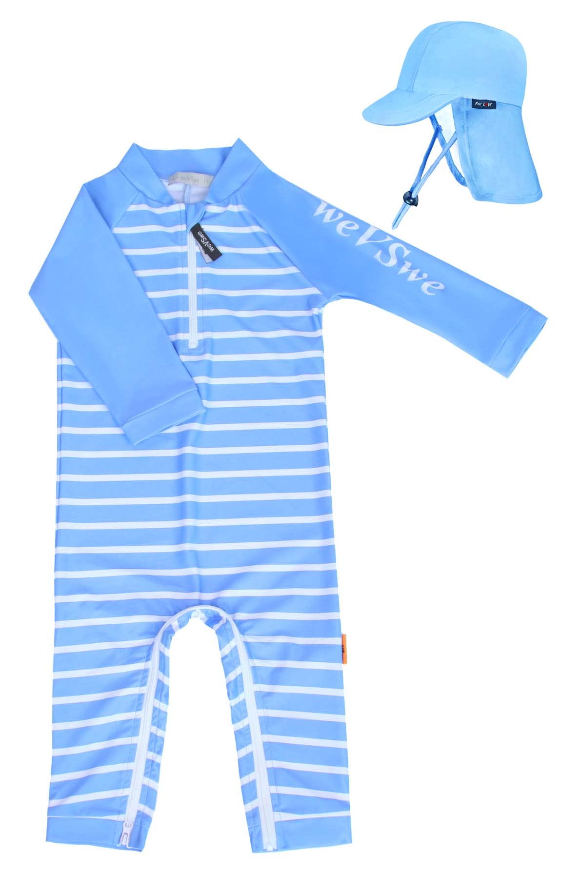 weVSwe Newborn Baby Boy Swimsuit Toddler Dark Blue Stripe Rash Guard Sun Protection Swimwear with Swim Hat