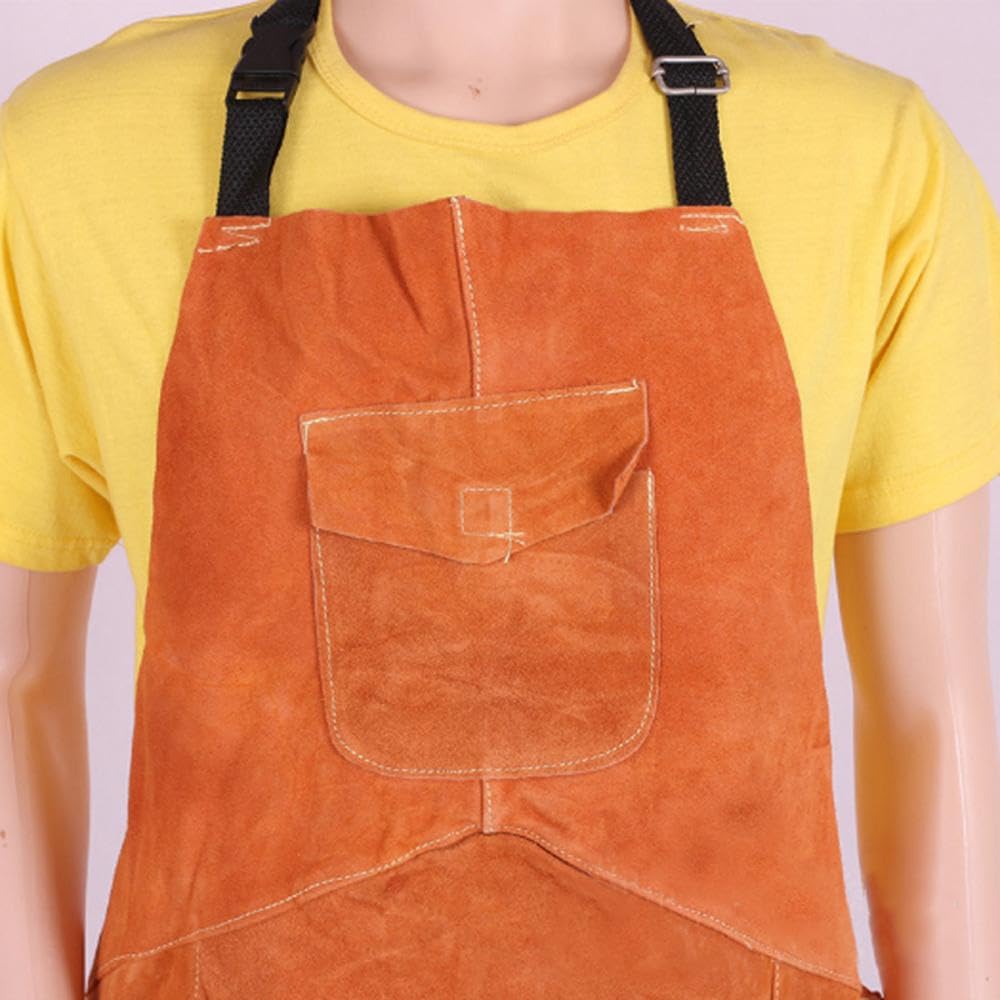 Tablier de soudage en cuir, 70 x 100 cm, taille unique, jaune, résistant à la chaleur, tablier de travail du cuir avec sangles réglables et nuckle à dégagement rapide pour homme et femme