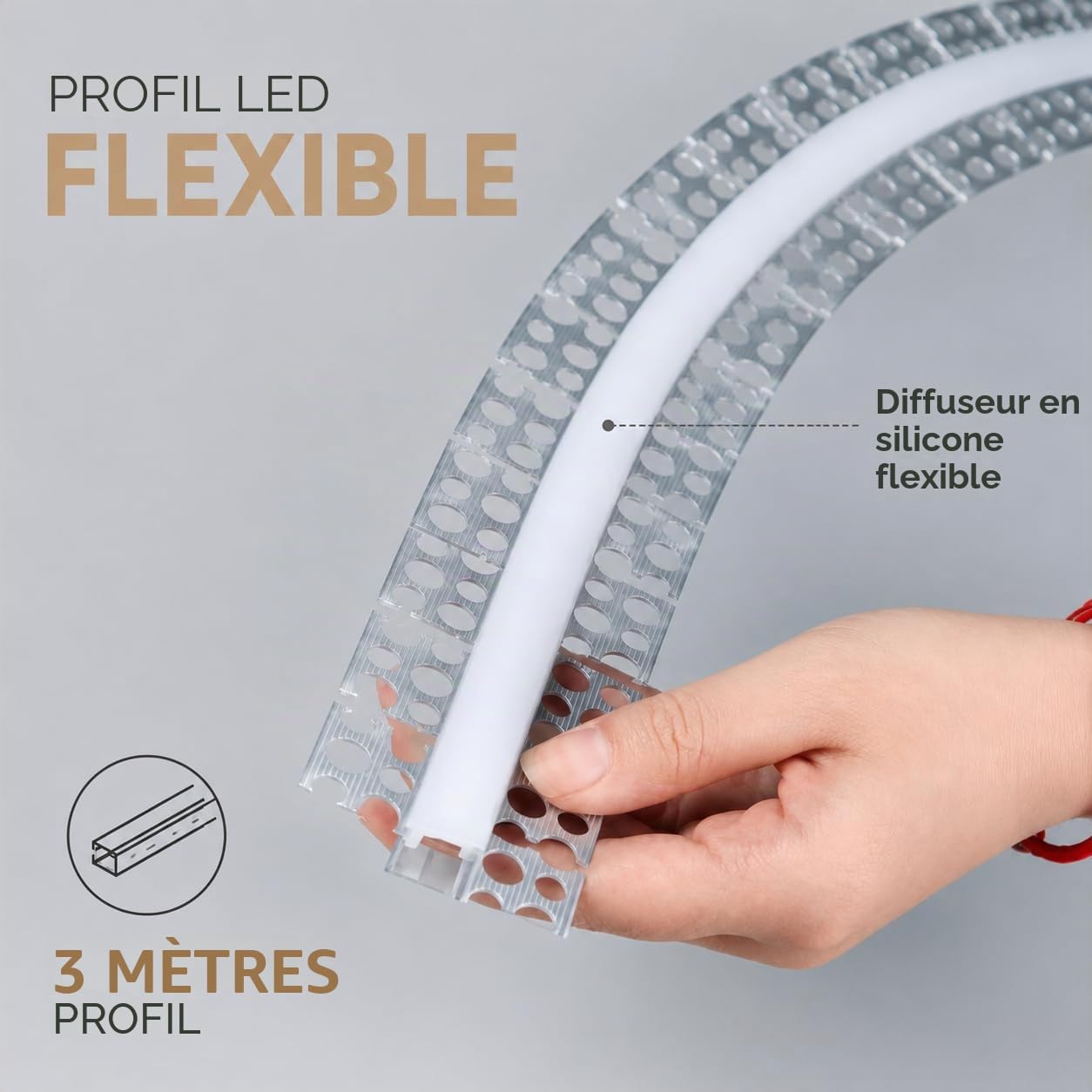 JANDEI – Profilé Flexible en Aluminium de 3 Mètres pour l'Intégration de Rubans LED dans le Plâtre ou les Cloisons Sèches, Installation Encastrée. Diffuseur en Silicone inclus