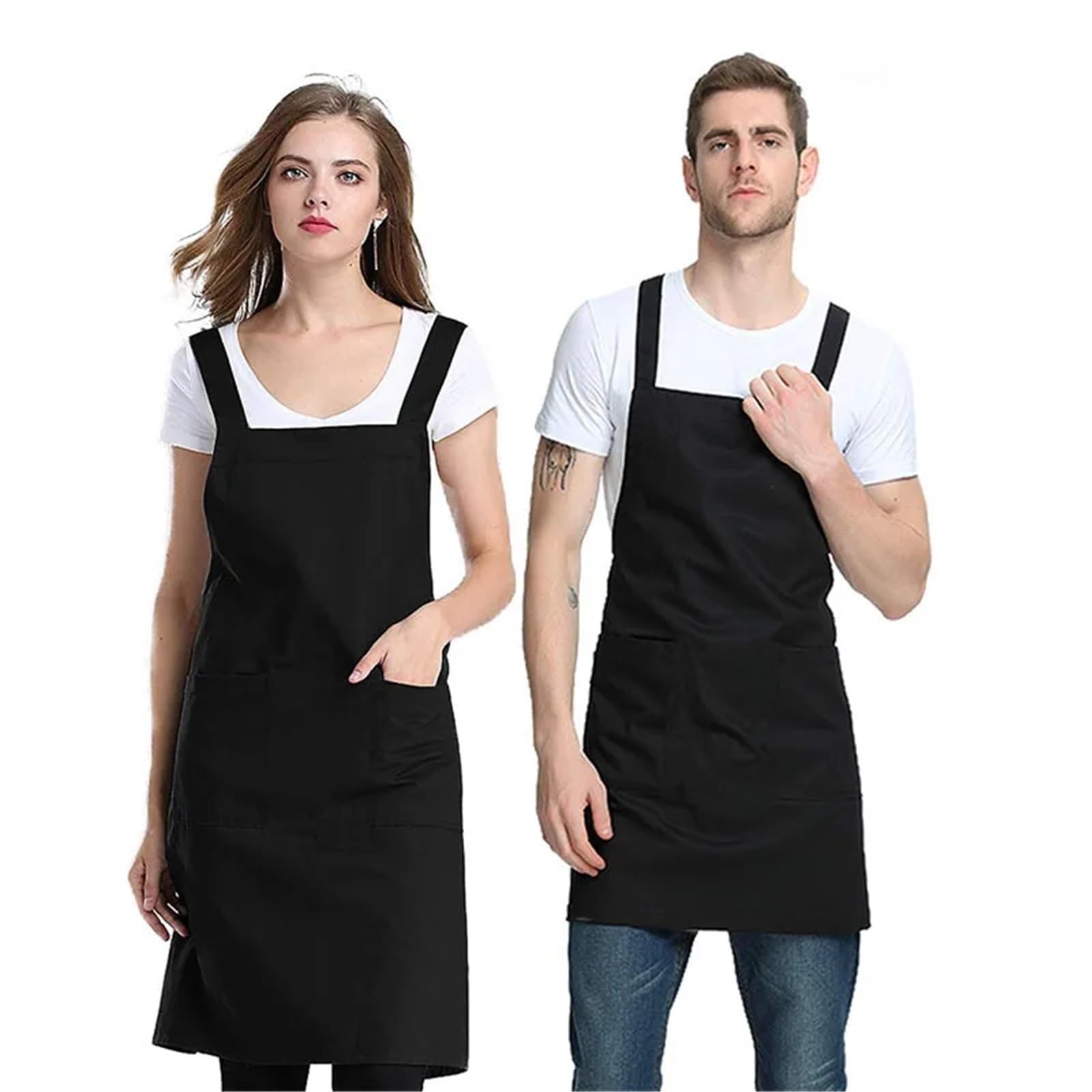Delantal De Cocina Delantal con pechera ajustable, 2 uds., con bolsillos, delantales de cocina for mujeres y hombres, delantal de Chef con cuello Halter, delantal Simple, herramienta de cocina(Black)
