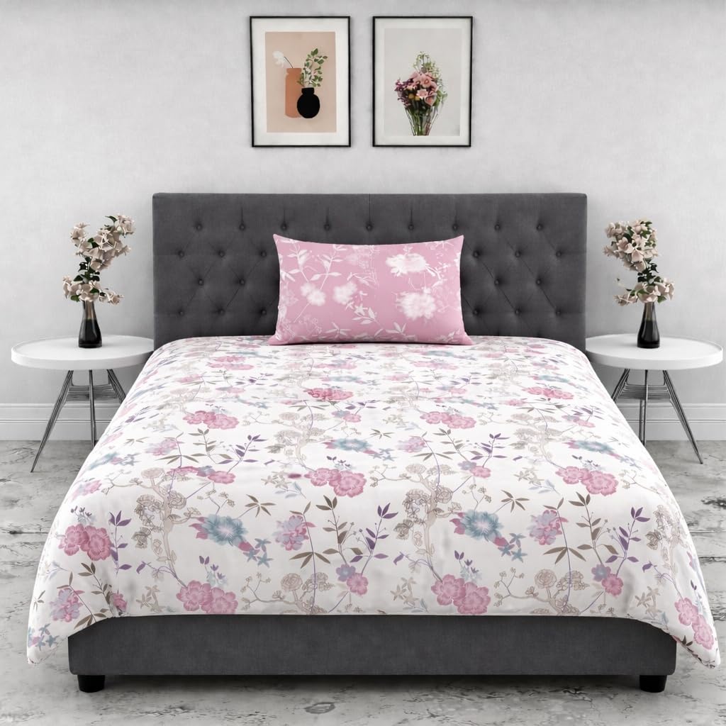 DECOR2ADMIRE 300 Thread Count Premium Cotton Printed Single Bedsheet with One Pillow Covers for Home 60 Inches x 90 Inches (White Pink Contrast, Single 60" x 90")-image-3