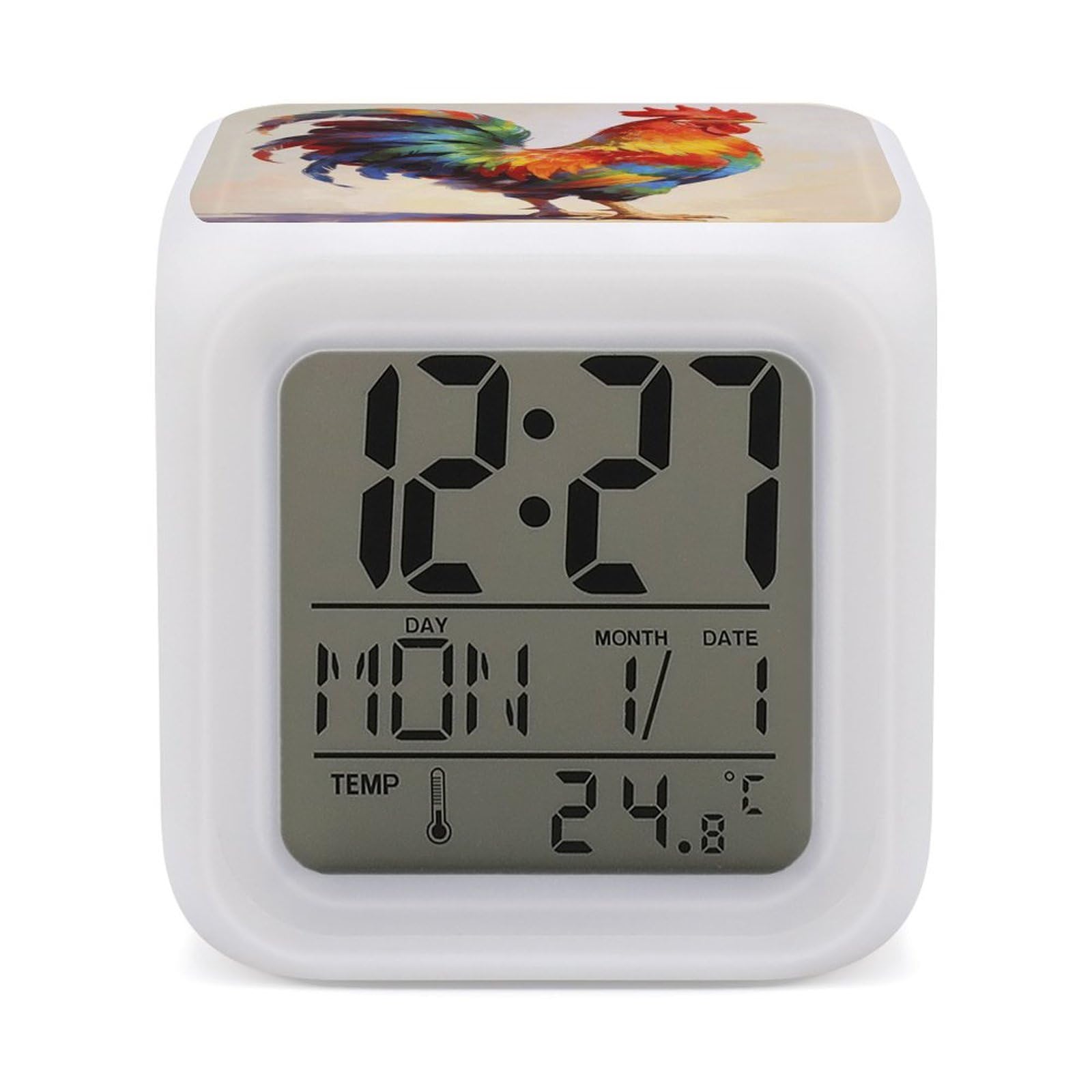 LZQPOEAS Colorful Rooster Alarm Clock with 7 Color Changing Nightlight for Bedroom Calendar Temperature Display Wake Up Digital Clock Small Desk Clocks for Heavy Sleepers Adults