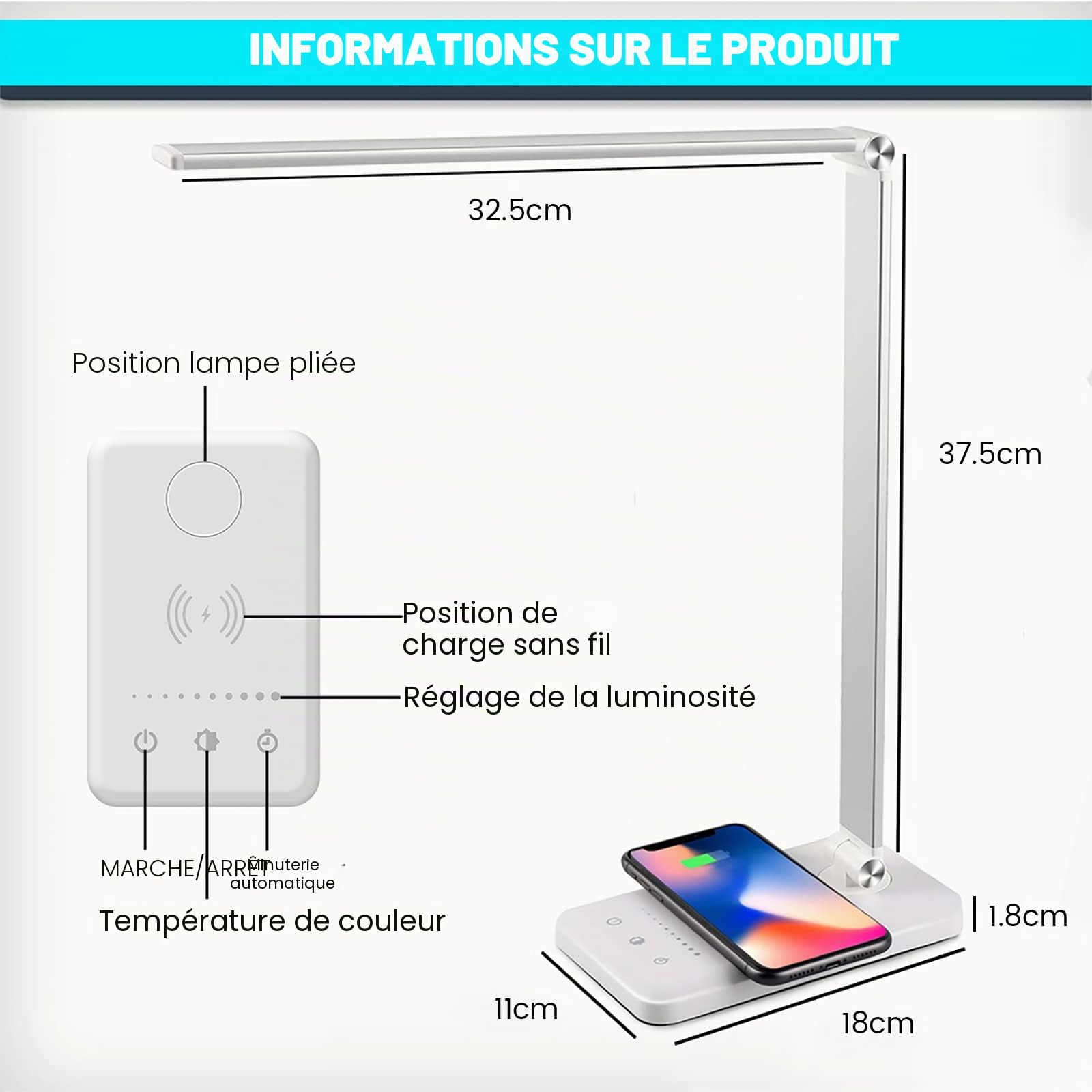 BIENSER Lampe de Bureau LED, 10W Chargeur Induction & USB, 10 Luminosités × 5 Couleurs, Lampe de Table Dimmerable, Protection des Yeux, Contrôle Tactile, Fonction Mémoire, 30/60min Minuterie Auto, 20W