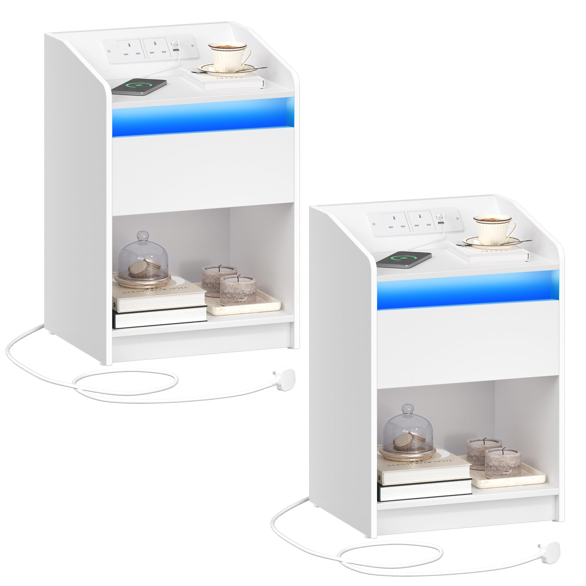 Hzuaneri Bedside Table Set of 2 with LED Light, Bedside Cabinet with Charging Station, 1 Storage Drawer Nightstand for Bedroom, Living Room, 2 USB Port, 2 Outlets, Open Compartment White NS09003XUK