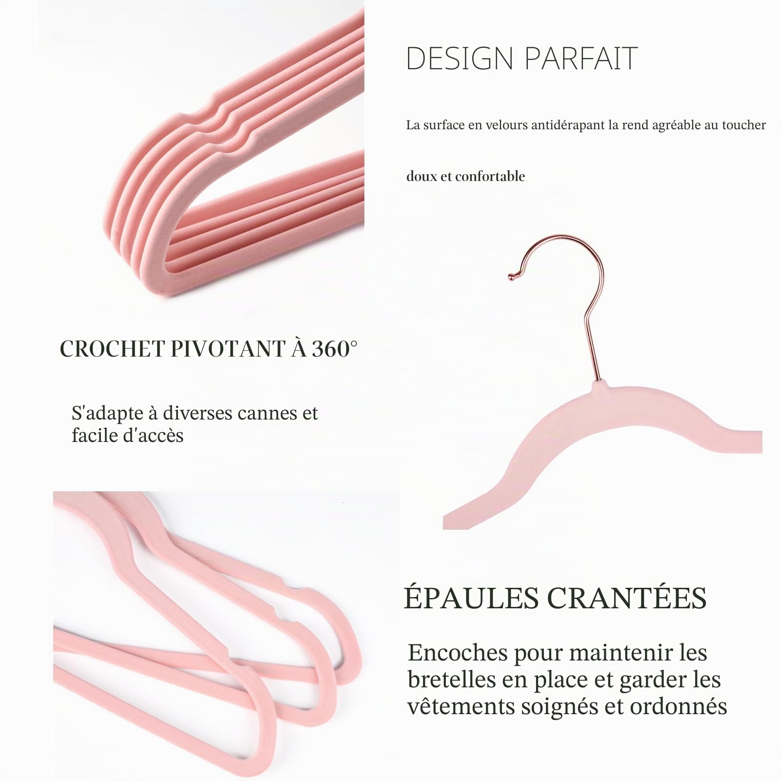 Lot de 50 cintres en velours rose pâle de qualité supérieure - Antidérapants - Crochets en cuivre/or rose - Cintres peu encombrants