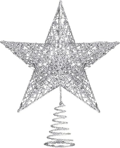 AVMBC Estrella plateada para árbol de Navidad, árbol con purpurina, adorno de estrella superior, decoración del hogar