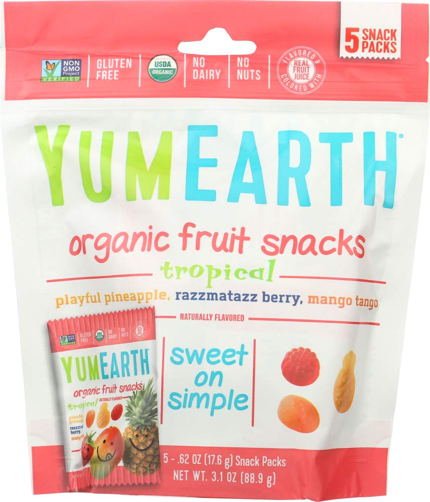 YumEarth Organic Tropical Flavored Fruit Snacks, Individual Snack Packs, Allergy Friendly, Gluten Free, Non-GMO, Vegan, No Artificial Flavors or Dyes (5 Snack Packs)USDA Organic