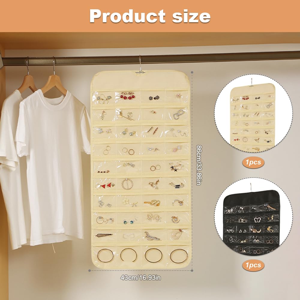 YDAKGUEY Hanging Jewellery Organiser, 2 Pcs Double-Sided Earring Storage with 80 Clear Pockets - Image 2