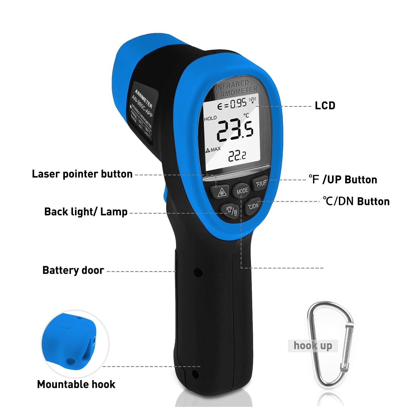 Termometro digitale a infrarossi senza contatto -58℉~1472℉ con Bluetooth for lettura istantanea in HVAC