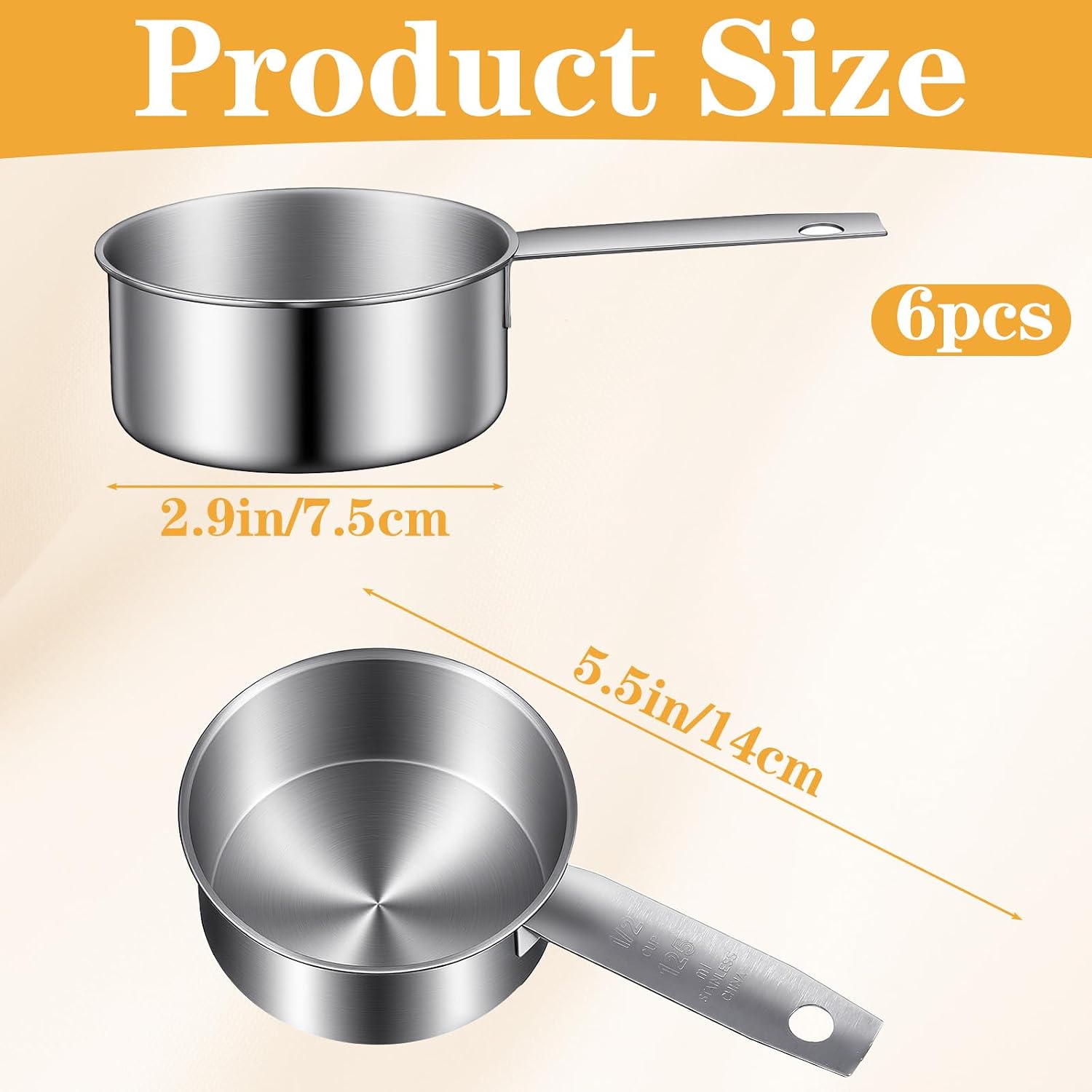 6 Pcs Stainless Steel Measuring Cups 1/2 Cup - 125ml Metal Scoops for Kitchen, Baking, Coffee & Pet Food, Dishwasher Safe & Rust-Proof