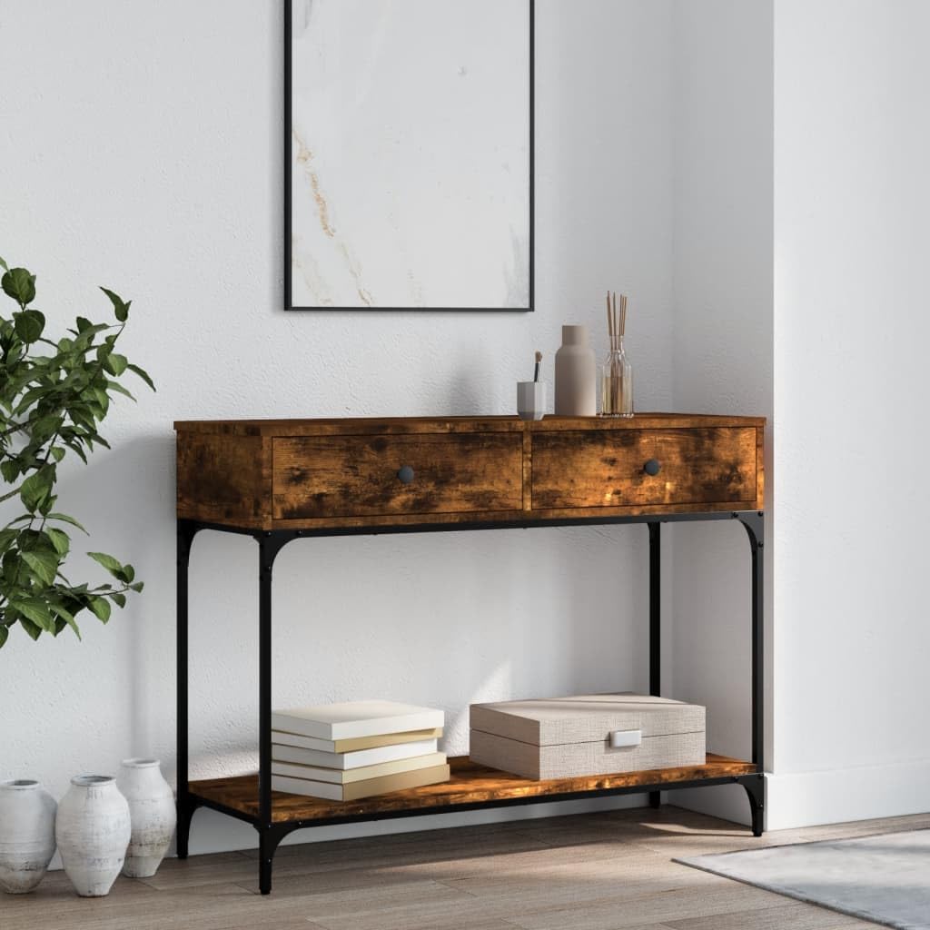 SXZenSpace Console Table Smoked Oak 100x34.5x75 cm Engineered Wood & Metal Frame, 2-Drawer Hallway Unit, Slim Design for Living Room, Corridor or Bedroom