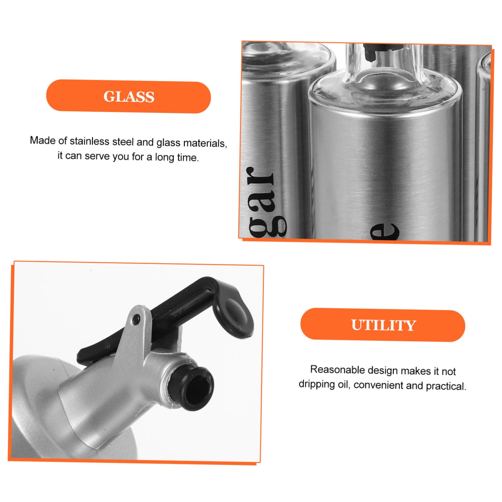 Cabilock Set de 4 Botellas Dispensadoras de Aceite y Vinagre de 300ml Diseño Elegante de Acero Inoxidable y Vidrio para Cocinas y Restaurantes