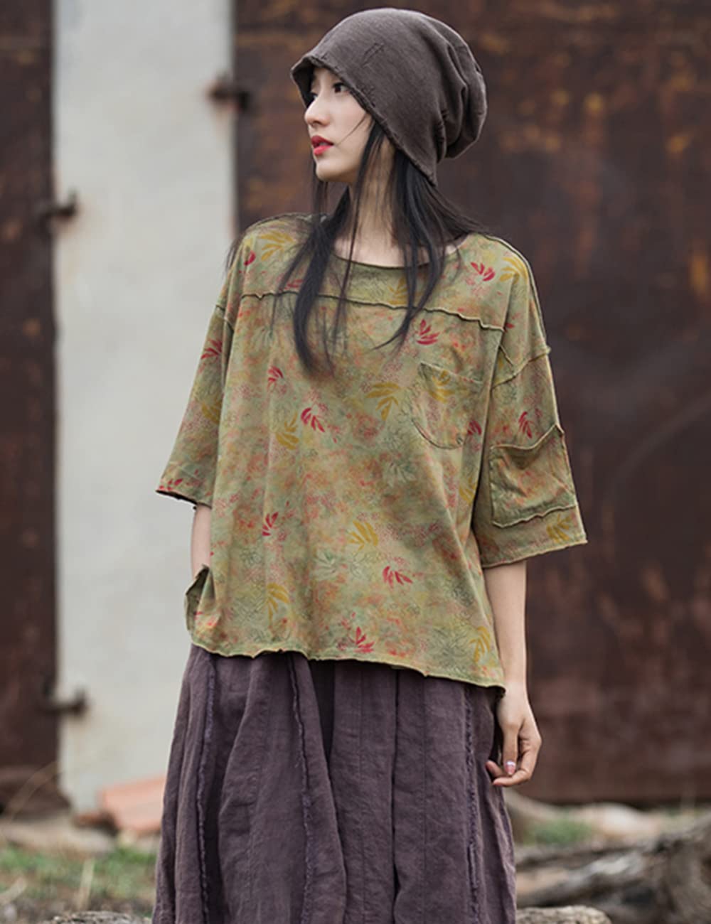 NFYM Camisetas de verano para mujer, blusa con estampado floral, manga corta, camiseta alta y baja, casual, cómodas camisetas de algodón
