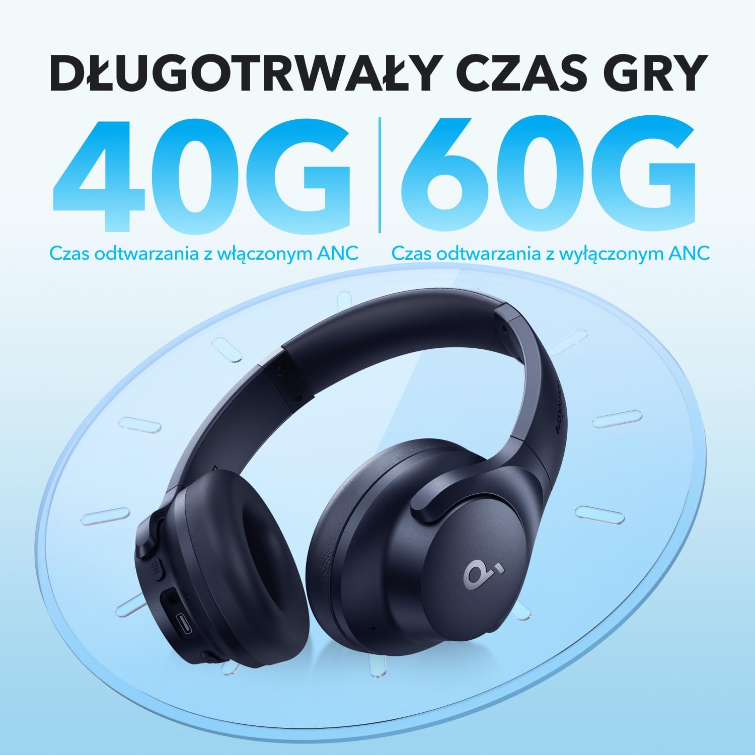 Słuchawki hybrydowe Soundcore by Anker Q20i(odnowiona) z aktywną redukcją szumów, bezprzewodowe nauszne Bluetooth, 40-godzinny czas odtwarzania ANC, dźwięk o wysokiej rozdzielczości, mocny bas