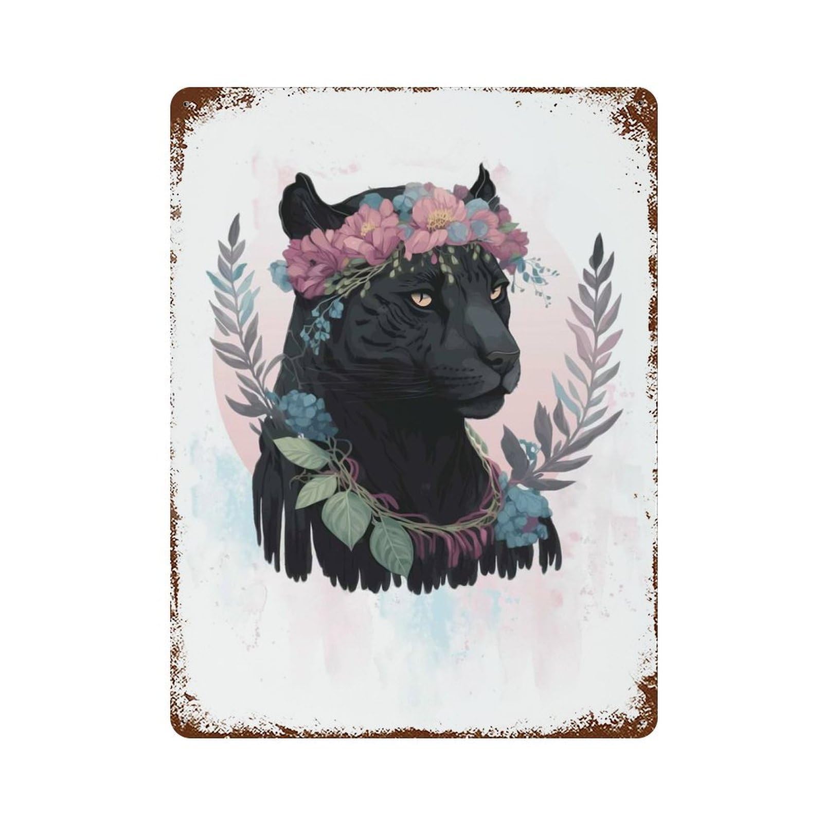 Garage Style Floral Watercolor Panther Distressed Metal Wall Sign 15.7"x11.8", Shabby Chic Decor for Bar And Workshop