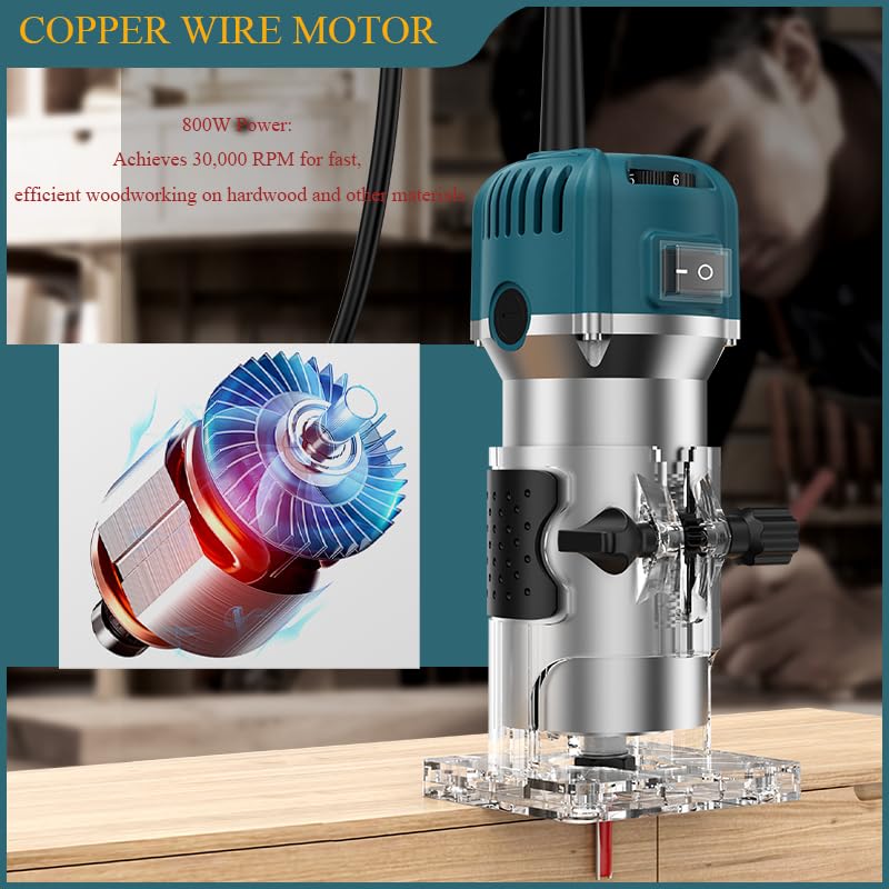 1/4" (6.35mm) Wood Router Tool, 800W 30000 RPM Palm Router, 6 Variable Speeds - Image 2