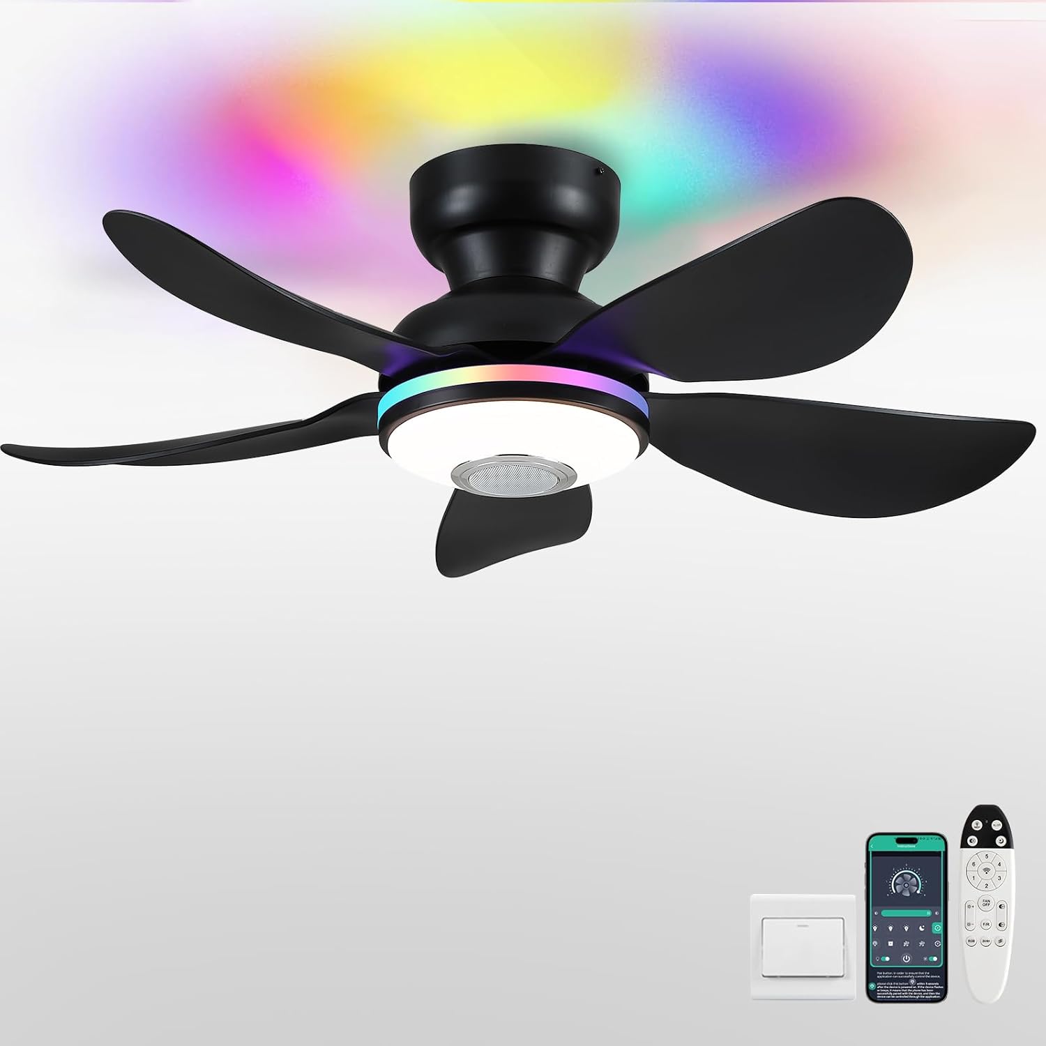 36" Ceiling Fans with RGB Lights Remote/APP Control, Small Ceiling Fan, 3 CCT Dimmable White Lights+RGB Ring Lights+Music Player, 5 Reversible Plastic Blades 6 Speeds for Kidsroom, Black