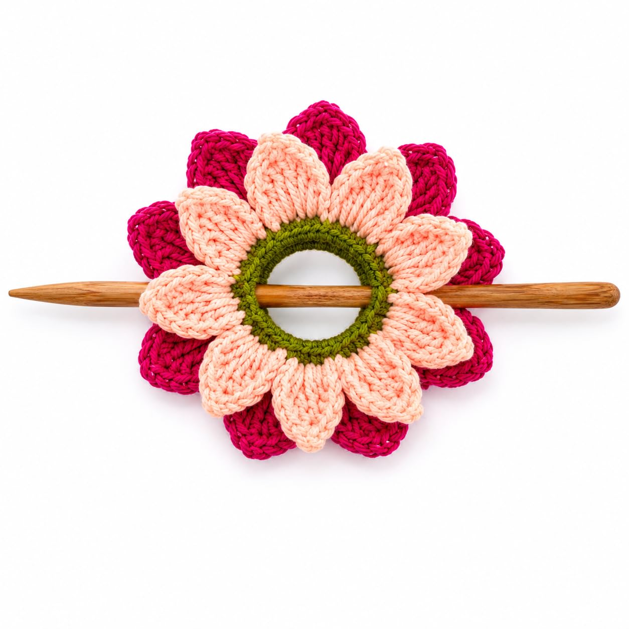 Handmade Crochet Flower Hair Bun Stick for Women – Double Shade Floral Hair Accessory with Wooden Pin | Knitted Hair Bun Holder | Korean Style Bun Pin (Pink & Peach)-image-25