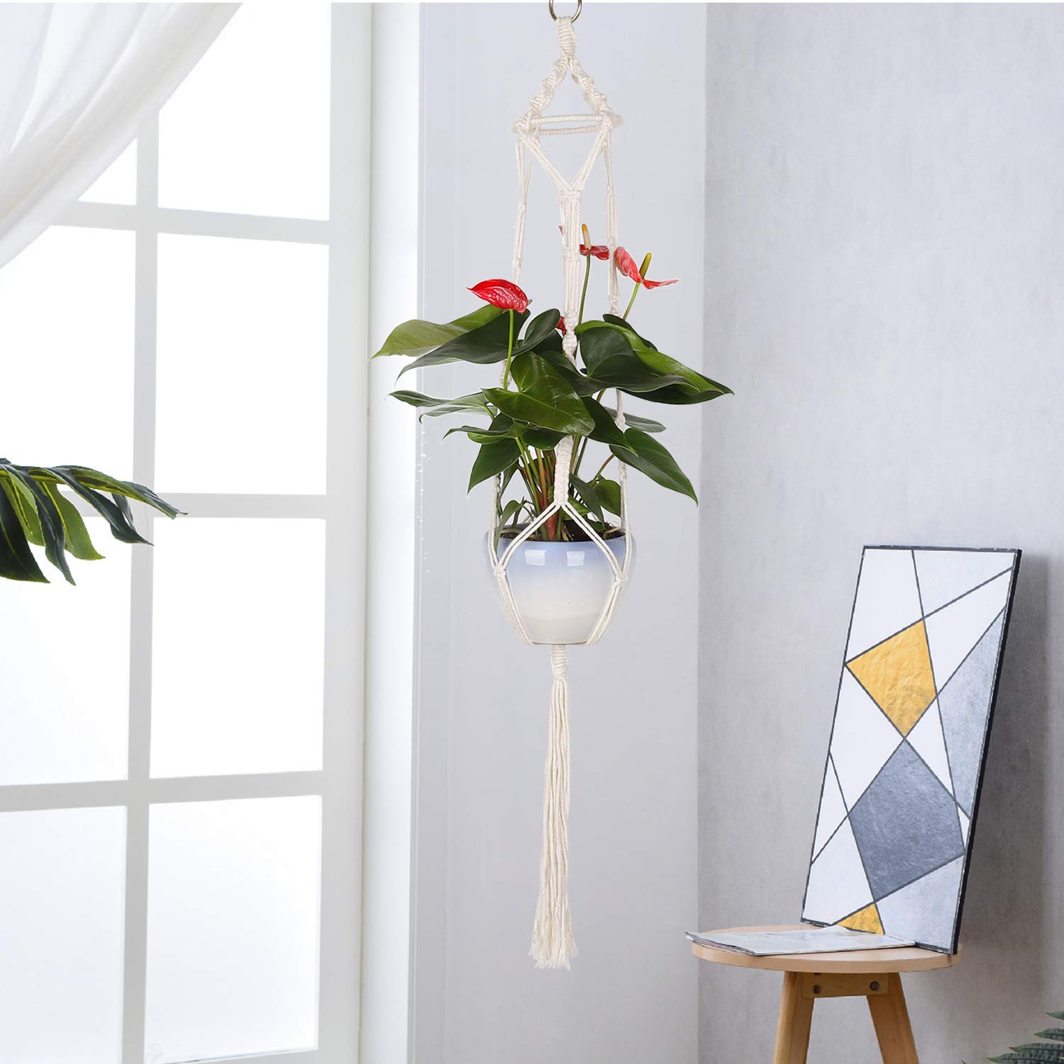 Vasi Sospesi In Macramè Di Cotone – Fioriera A Cestello Con Gancio A S E Vite, Lunghezza 89cm, Colore Bianco - 2