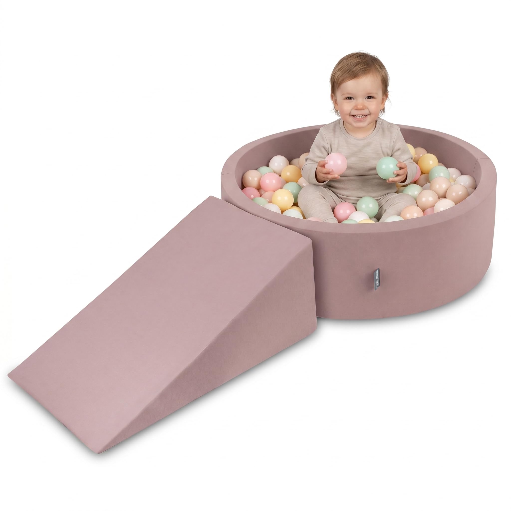 KiddyMoon Soft play set with ballpit 90x30cm and ramp 100 balls 7cm foam playground for babies and toddlers - Heather: Pastel beige Pastel yellow White Mint Powder pink