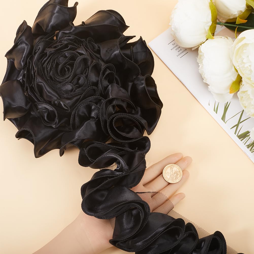 GORGECRAFT Double Ruffle Chiffon Trim - 3 Yards Black Pleated Lace Border For Sewing & Crafts