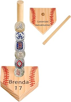 Wooden Stacked Baseball Softball Tournament Championship Ring Display Holder with Engraved Laces,Baseball Gifts for Kids,Friends,Ball Lovers,Man Cave Decor Red