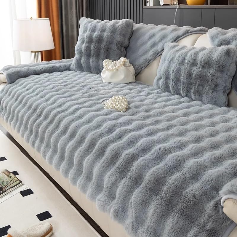 Housse de canapé en peluche lapin gris 90x210 pour un salon cocooning en hiver