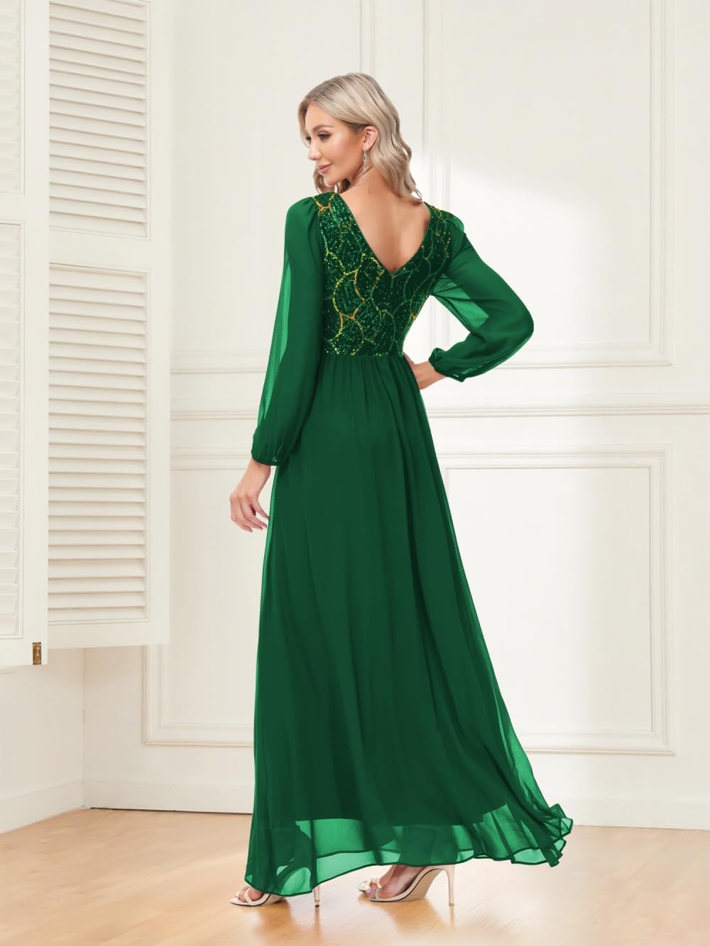 Women's Evening Gowns Dress Long Sleeves Sparkly Sequin Chiffon Formal Cocktail Maxi Ball Party Dresses - Image 6