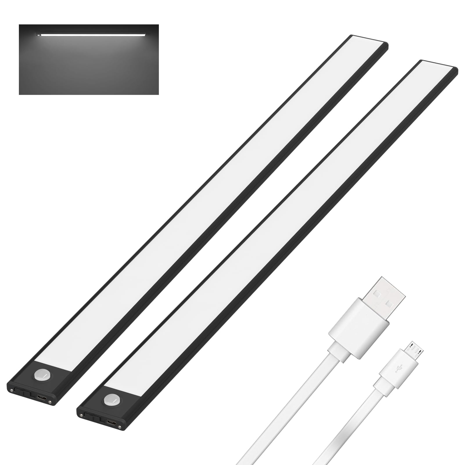 Klighten Lot De 2 Lampes De Placard 113 LED 60cm - Sans Fil, USB Rechargeable, Aimantées, Détecteur Mouvement - Lumière Portable Pour Armoire Et Urgences