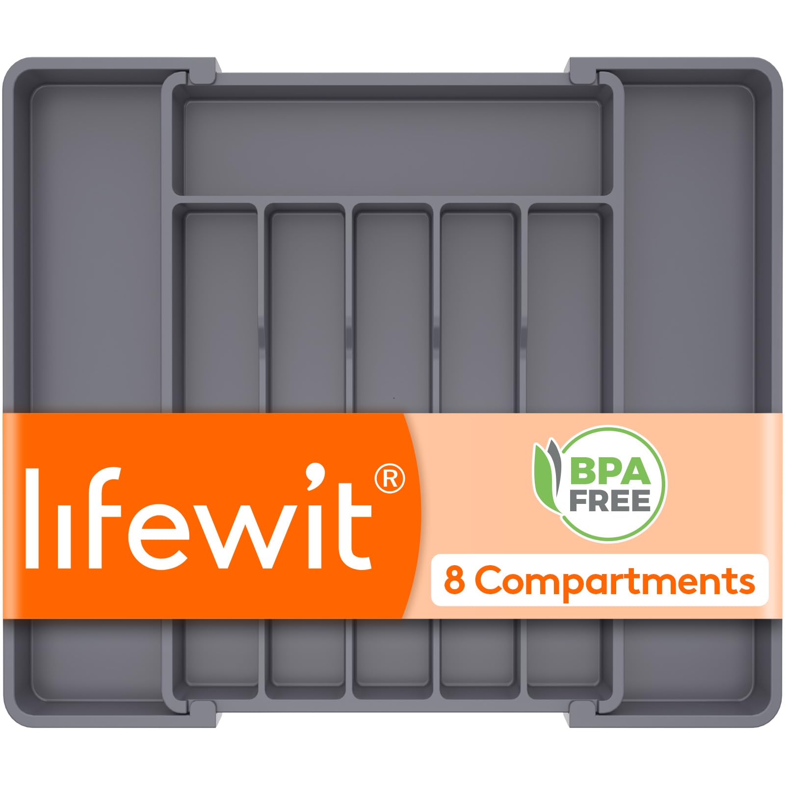 Lifewit Silverware Drawer Organizer, Expandable Utensil Tray for Kitchen, BPA Free Flatware and Cutlery Holder, Adjustable Plastic Storage for Spoons Forks Knives, 10.9"-17.5" x 13.7", Dark Grey