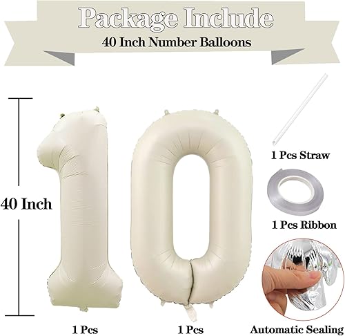 Miniatura 2 de Globos de 40 pulgadas de color arena blanca con el número 10, globos grandes de Mylar de aluminio de número 10 para decoraciones de fiesta de