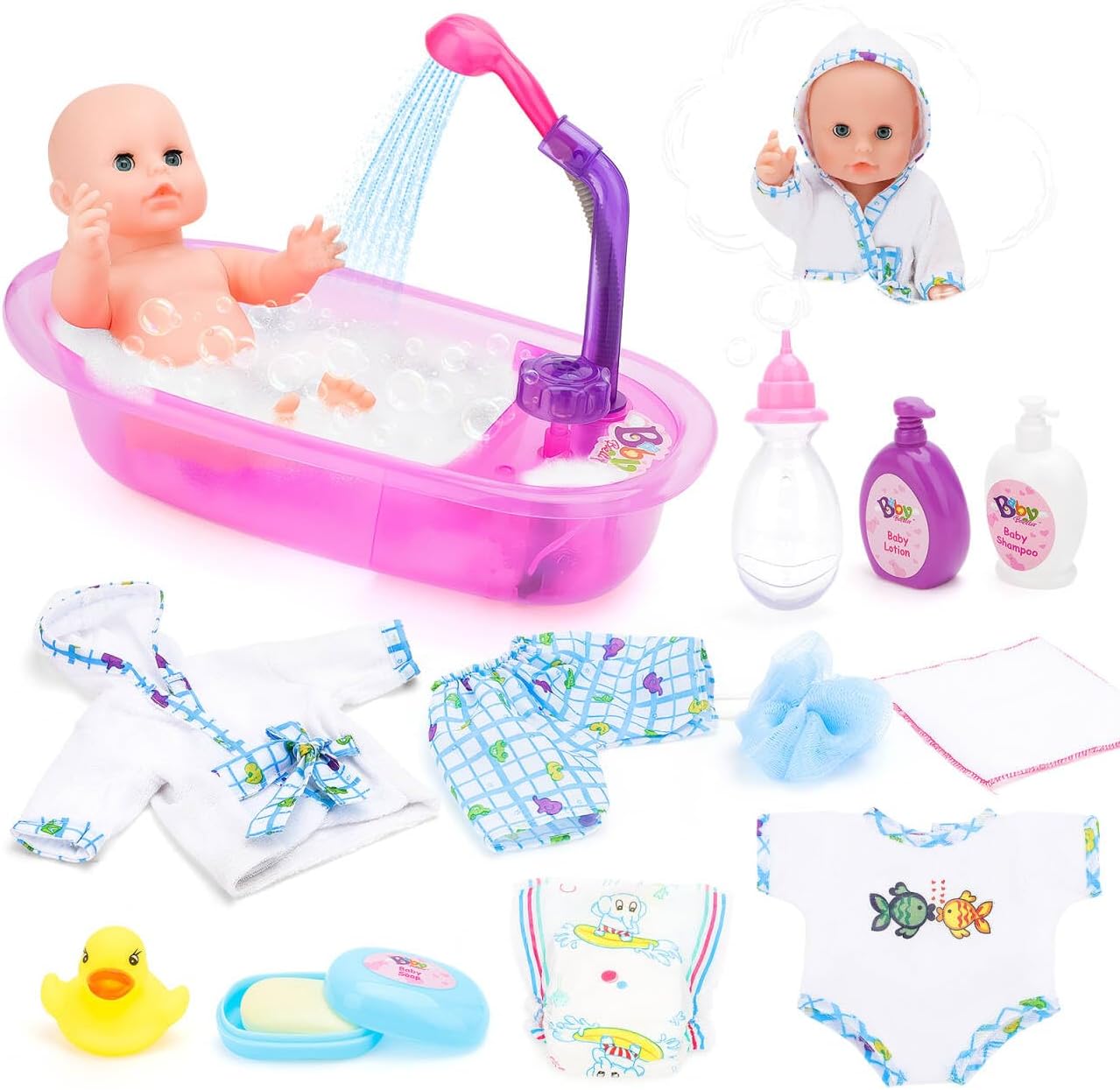 deAO Baby Doll Set,13 Inch Bath Time Baby Doll Playset with Working Shower Spray and Accessories for Kids,Baby Doll and Accessories with Bath Set, Great Pretend Play Toys for Girls